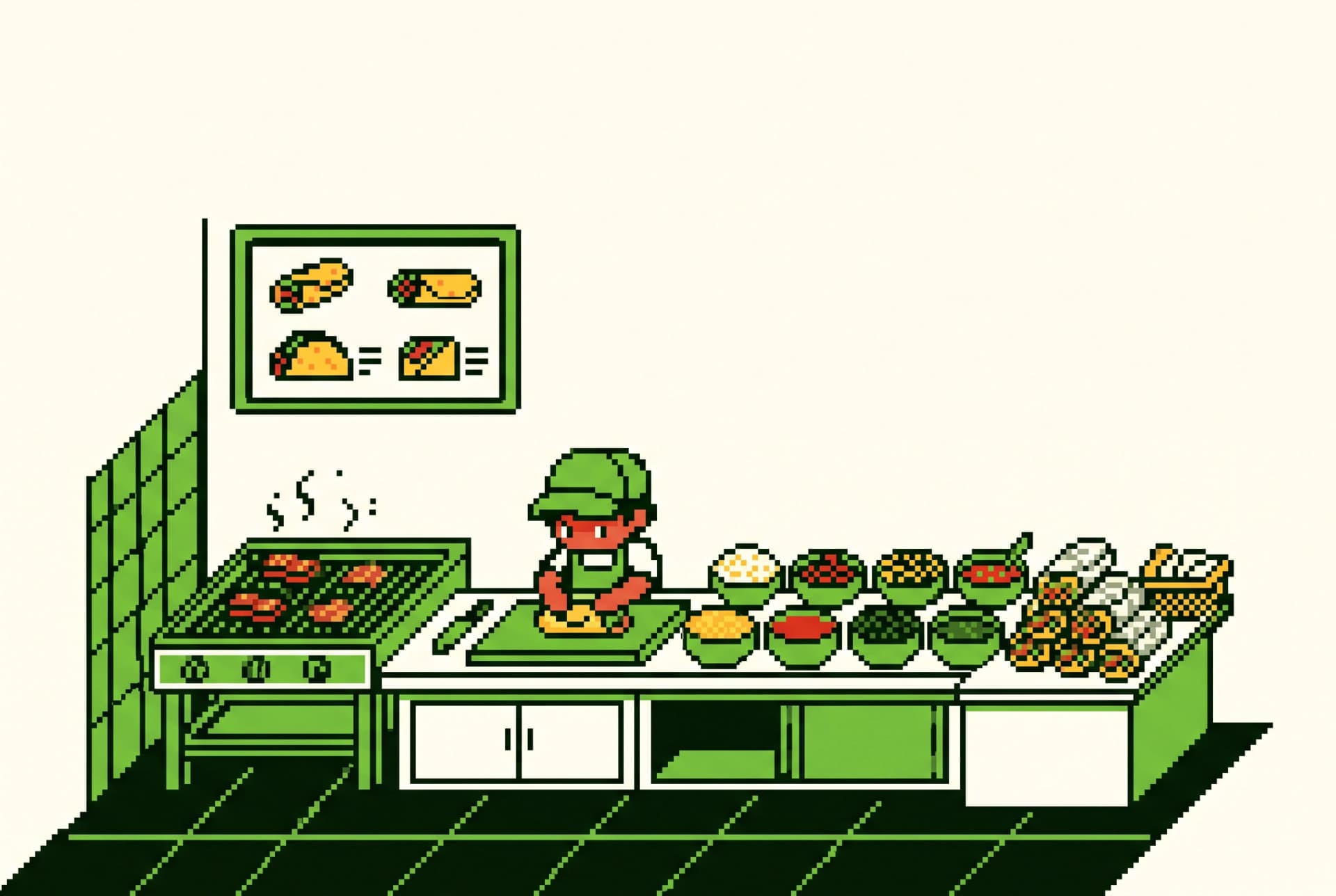 A pixel-art kitchen: a cook rolling a burrito by the grill and bowls of fillings