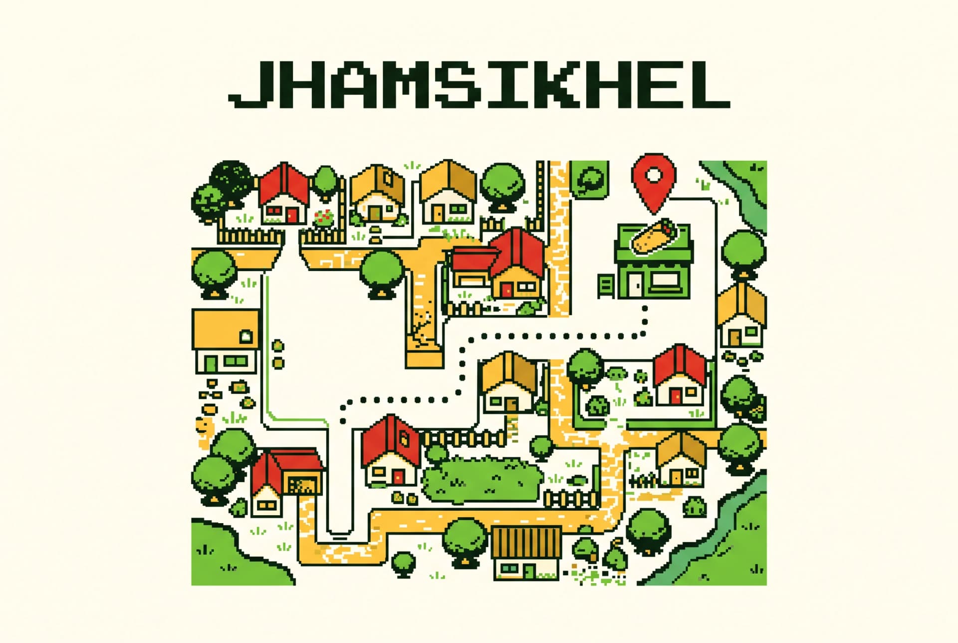 A pixel-art map of Jhamsikhel with a pin on Big Burrito