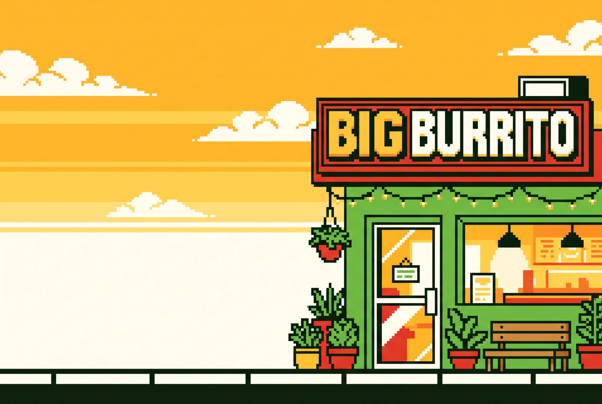 A pixel-art Big Burrito shopfront at golden hour