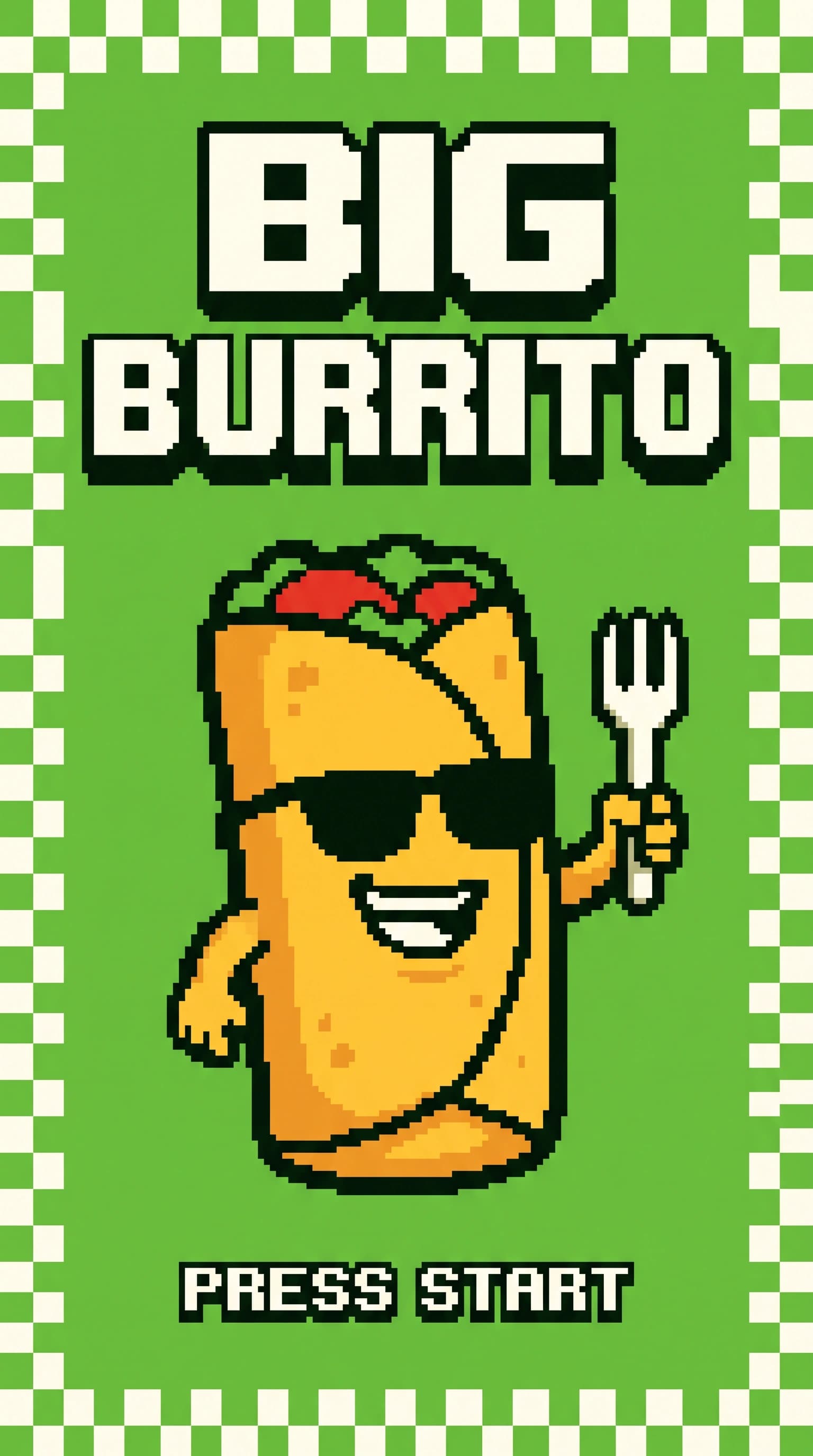 Big Burrito title screen: a pixel burrito with sunglasses and a fork, press start